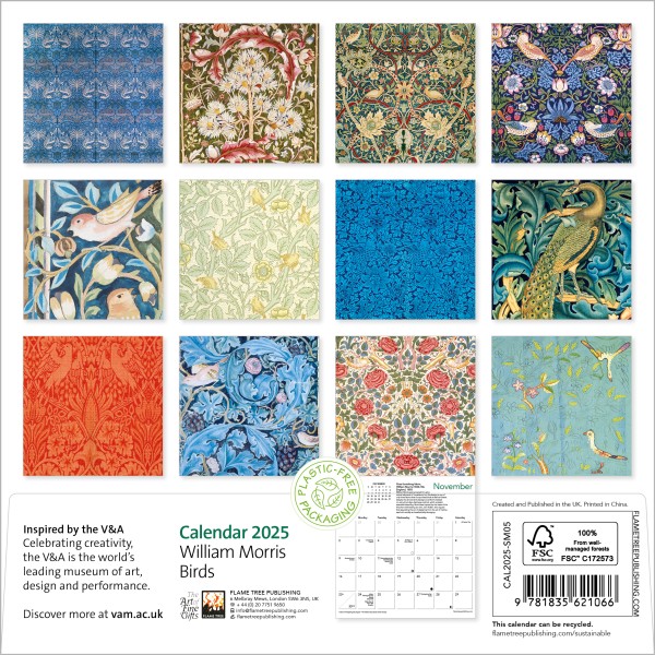 V&A William Morris Birds Mini Wall Calendar 2025 (Art Calendar